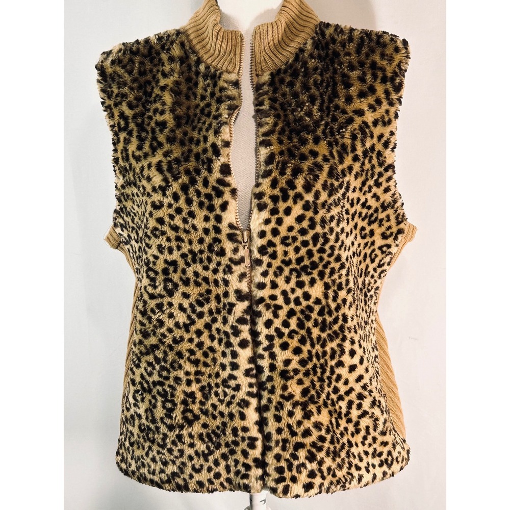 Kathie Lee Collection Leopard Faux Fur Ribbed Knit Zip Front Vest Brown 12/14